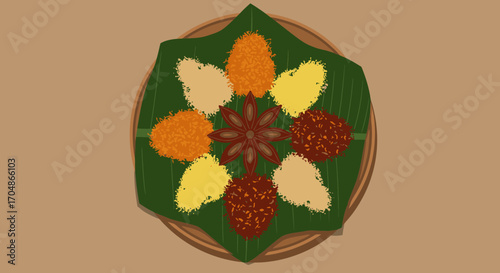A vibrant array of aromatic spices and colorful powders is artfully arranged on a banana leaf, centered by a star anise, symbolizing culinary traditions.