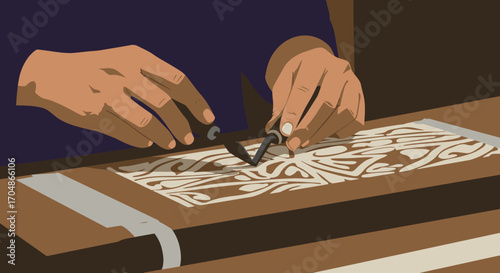 Close-up of skilled hands meticulously carving intricate patterns into a wooden block, demonstrating traditional craftsmanship and artistic dedication.