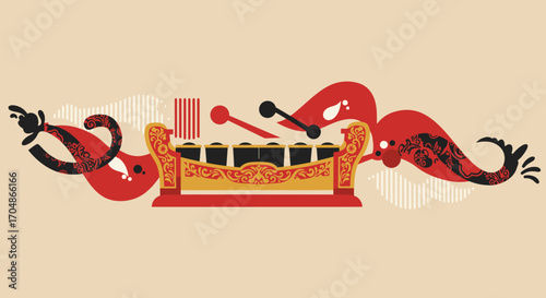 Stylized red mythical creatures passionately play a traditional Indonesian Gamelan percussion instrument, showcasing vibrant cultural music and artistic heritage.