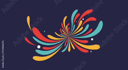 A vibrant abstract illustration featuring an explosion of colorful, dynamic shapes radiating outwards on a dark background, conveying energy and creativity.