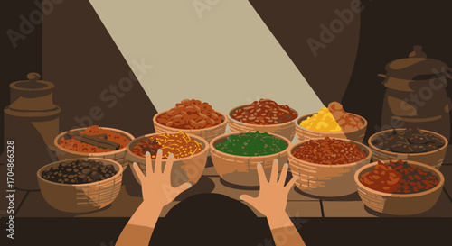 Hands reach for an assortment of colorful, aromatic spices in rustic bowls, dramatically lit, evoking a sense of culinary exploration and discovery.