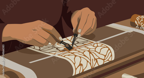 Expert hands meticulously craft an intricate, flowing pattern onto a textile surface using a traditional tool, preserving cultural heritage.
