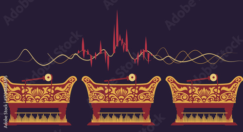 An illustration of ornate Indonesian gamelan instruments with dynamic sound waves above, representing traditional music and cultural heritage.