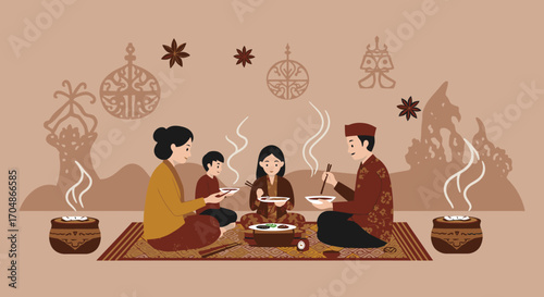 A traditional family gathers for a warm, communal meal, sharing food and fostering togetherness in a culturally rich setting.