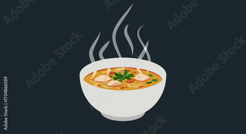A warm, comforting bowl of delicious soup with visible steam rising, perfect for a cozy meal on a cold day, presented as a clean vector illustration.