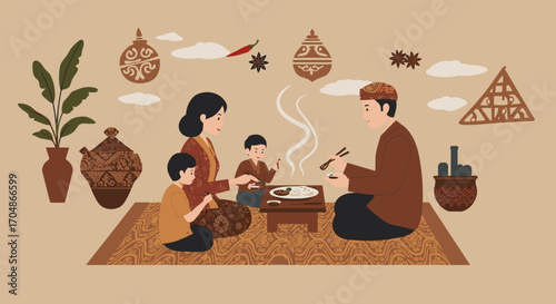 An Indonesian family in traditional attire enjoys a warm meal together, celebrating culture and togetherness in a cozy home setting.
