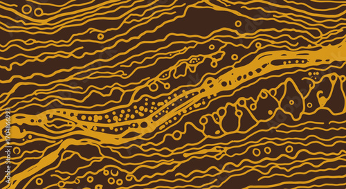 An intricate abstract illustration featuring flowing golden lines and organic shapes on a rich dark brown background, evoking natural patterns and textures.