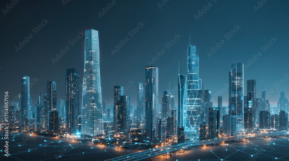 Fototapeta premium Futuristic Modern City Skyline at Night with Tall Glass Buildings and Illuminated Streets