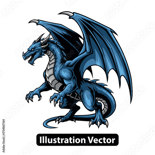 Powerful blue fantasy dragon with spread wings, a legendary mythical beast illustration