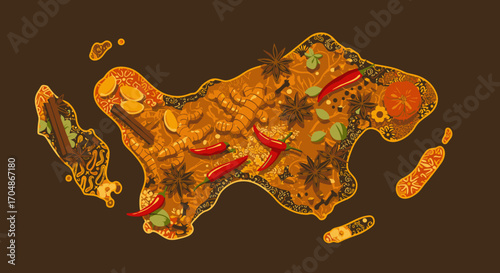 An artistic top-down illustration of a delicious, aromatic curry, featuring vibrant spices like star anise, red chilies, and cinnamon, in a savory sauce.