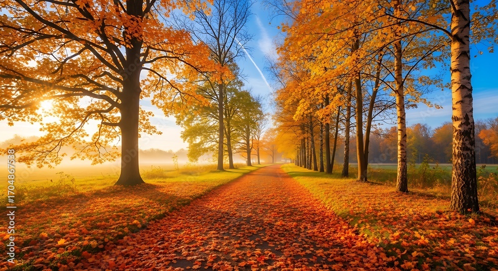 Fototapeta premium A picturesque country lane blanketed in vibrant autumn leaves, leading through a sun-drenched tunnel of golden trees toward a misty morning