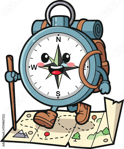 Cartoon compass character with backpack and map ready for adventure