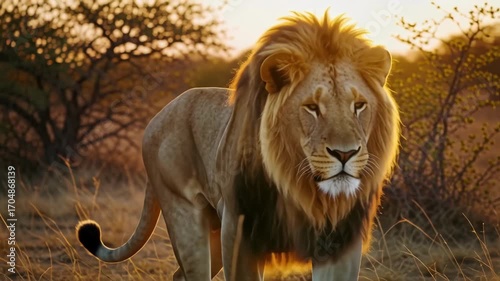 Wallpaper Mural Majestic wild lion standing in African savanna at sunset
 Torontodigital.ca