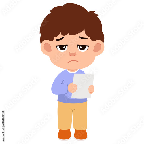 Cartoon Boy Holding Paper Looking Sad