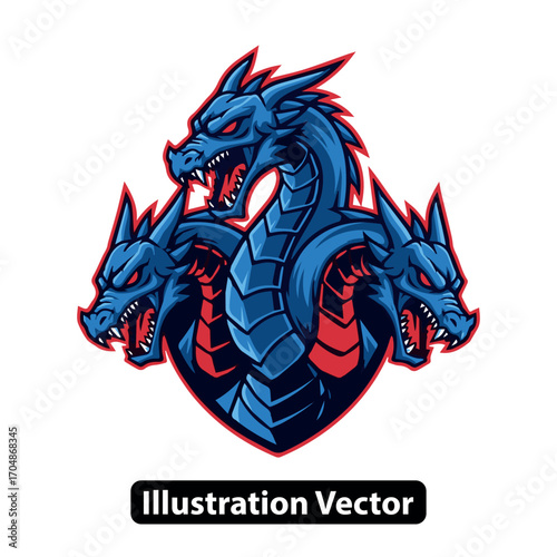 Powerful three-headed blue dragon mascot design, ferocious mythological beast illustration for gaming or branding