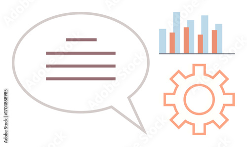 Speech bubble with text, bar graph for data analysis, and gear symbolizing process and workflow. Ideal for communication, teamwork, data, strategy, planning, productivity simple flat metaphor