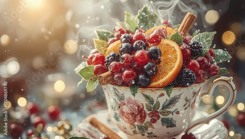 steaming warm tea with steaming in front, wonderland, snow flakes and steaming, exquisite colour sketch closeup of an assortment of vibrant berries including aronia, blackcurrant, cranberries 
