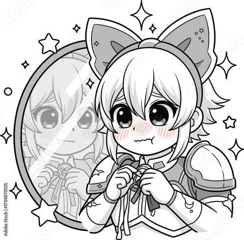 Cute anime girl with cat ears and fangs wearing armor with moon and stars