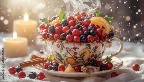 steaming warm tea with steaming in front, wonderland, snow flakes and steaming, exquisite colour sketch closeup of an assortment of vibrant berries including aronia, blackcurrant, cranberries 
