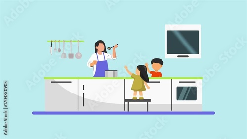 Animated video of goal mother cooking accompanied by child. Cooking family concept. Full length animation illustration. High quality 4k footage