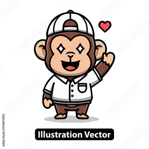 Adorable cartoon monkey character in a backward cap, happily waving with a sparkling smile, vector illustration