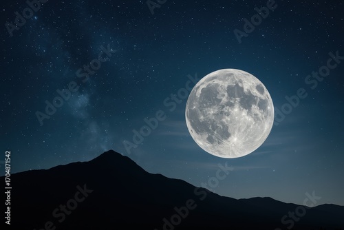 Luminous supermoon rising over a quiet mountain ridge with thin clouds and crisp stars night landscape long exposure serene celestial scene