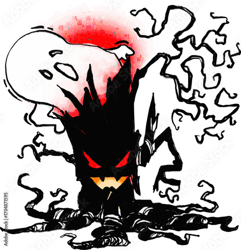 It's a spooky drawing that features a menacing, shadowy monster with glowing red eyes and a sinister smile, its body resembling a tangled mass of roots and branches. A ghostly figure looms over it, 