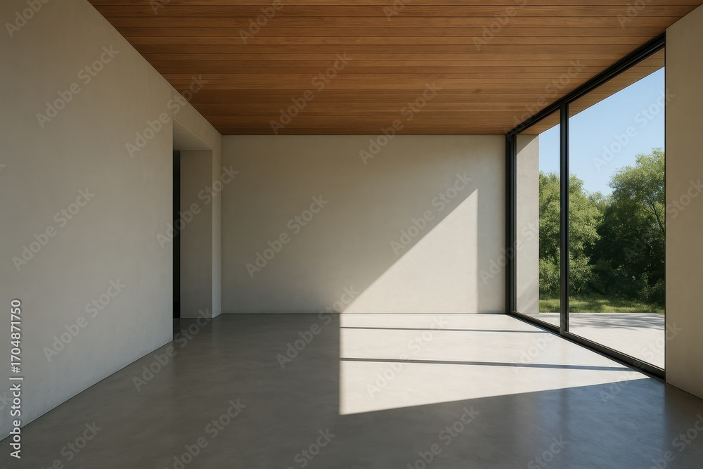 Obraz premium Minimalist concrete and wood interior hall with floor to ceiling glass opening to lush garden beams casting shadows blank white walls and copy space