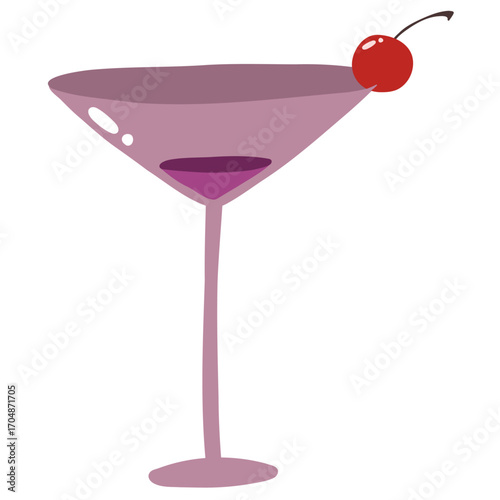 Martini Cocktail Glass with Cherry Garnish Vector Illustration in Minimal Style