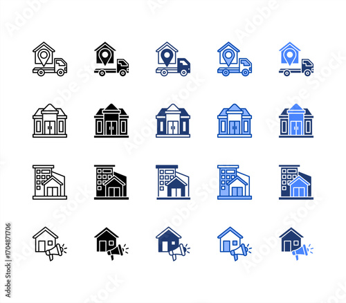 Relocation, Residential building, Luxury home, Advertising, multiple style icon set.
