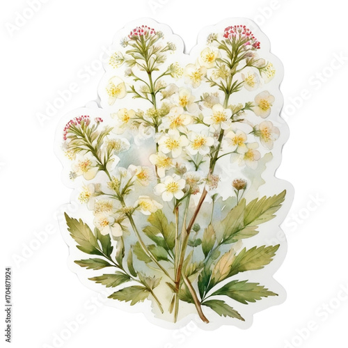 Delicate White Wildflowers with Green Leaves Watercolor Illustra