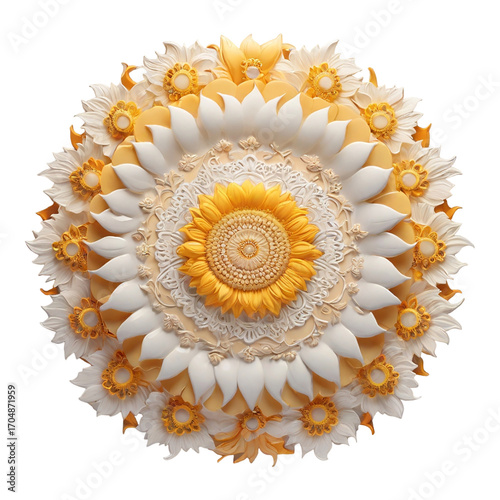 Delicate White and Yellow Sunflower Mandala with Lace Accents circular floral