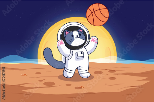 cute cat playing basketball on outer space planet with basketball pole Cartoon Vector Icon Illustration, con Concept Isolated Premium Vector. Suitable for Infographics and Book Picture Illustration