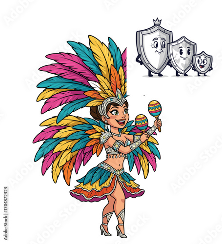 Cartoon woman in vibrant carnival costume with feathered headdress and maracas