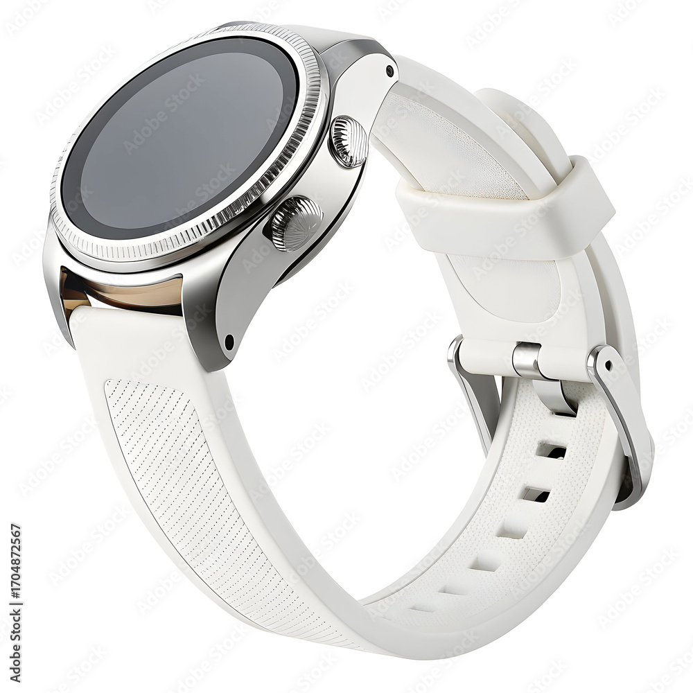 Obraz premium A modern smartwatch with a comfortable silicone strap, isolated on white background, featuring fitness tracking, notifications,