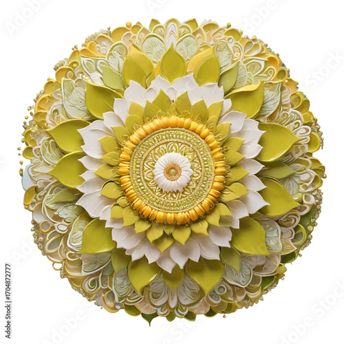 Delicate Yellow and Green Floral Mandala with White Accents on White Background image photo