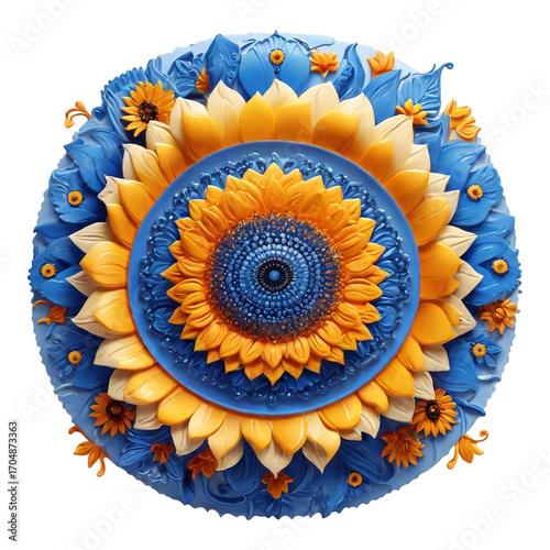 Detailed Blue Yellow and White Sunflower Mandala with Outer Floral Accents image photo