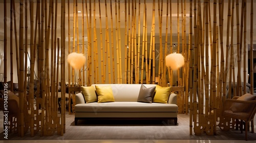 Stylish Bamboo Interior Design with Neutral Sofa and Ambient Lighting for Relaxation