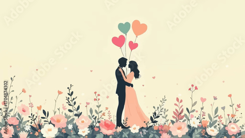 Flat vector of loving couple silhouette with heart balloons and flowers in soft pastel palette. Ideal for Wife Appreciation Day, greeting cards, and romantic design projects
