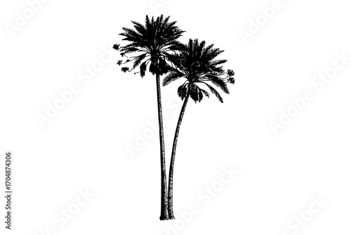 a black and white drawing of two tall palm treesblack, palm tree, tree, white 