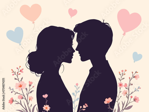 Flat vector of loving couple silhouette with heart balloons and flowers in soft pastel palette. Ideal for Wife Appreciation Day, greeting cards, and romantic design projects