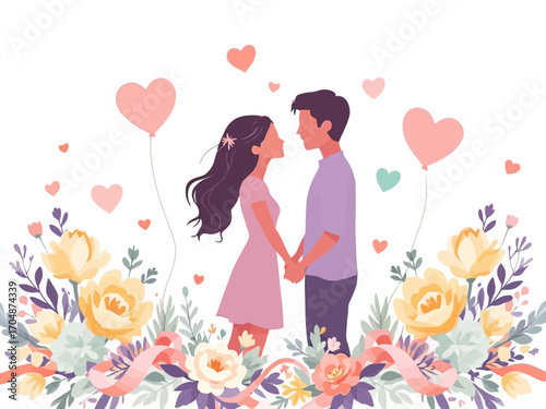 Flat vector of loving couple silhouette with heart balloons and flowers in soft pastel palette. Ideal for Wife Appreciation Day, greeting cards, and romantic design projects