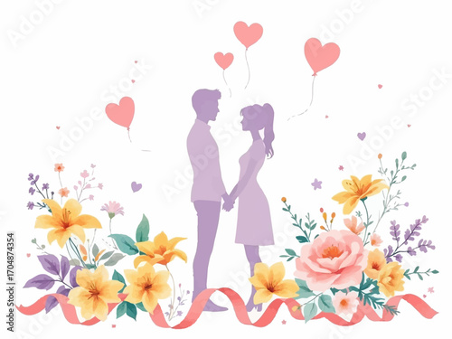Flat vector of loving couple silhouette with heart balloons and flowers in soft pastel palette. Ideal for Wife Appreciation Day, greeting cards, and romantic design projects