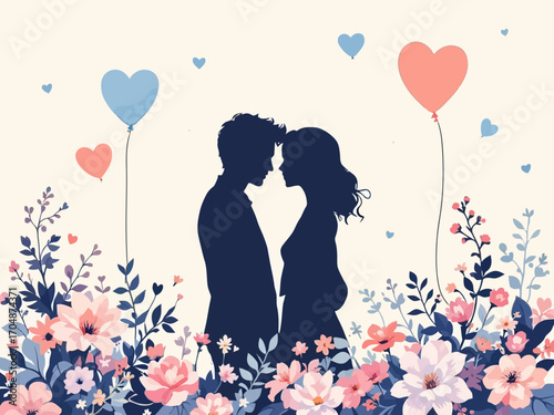 Flat vector of loving couple silhouette with heart balloons and flowers in soft pastel palette. Ideal for Wife Appreciation Day, greeting cards, and romantic design projects