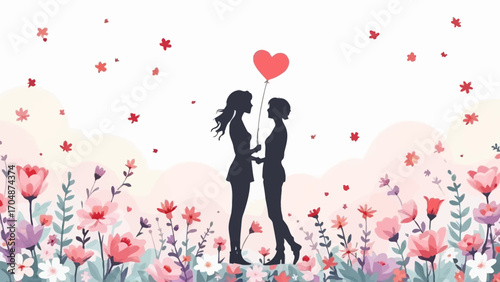 Flat vector of loving couple silhouette with heart balloons and flowers in soft pastel palette. Ideal for Wife Appreciation Day, greeting cards, and romantic design projects