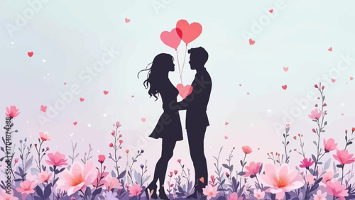 Flat vector of loving couple silhouette with heart balloons and flowers in soft pastel palette. Ideal for Wife Appreciation Day, greeting cards, and romantic design projects