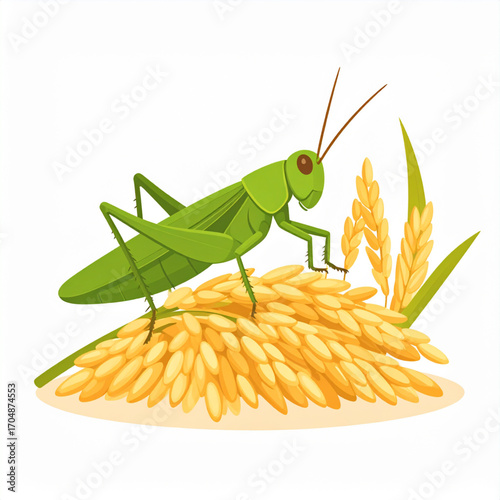 Vector Illustration of Green Grasshopper on Rice Crop