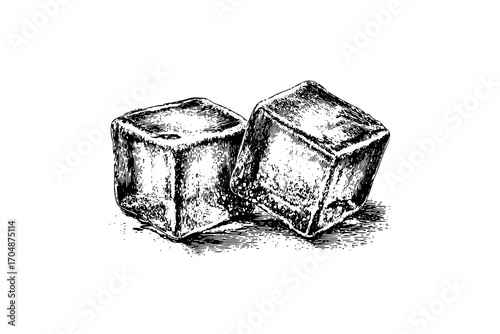 two ice cubes, hand-drawn in a vintage engraving styleblock, cube, die, draw, drawing, ice cube, illustration, ink, pencil, sketch, soap, square, sugar cube 