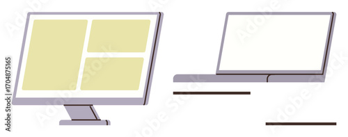 Desktop monitor displaying sectioned interface and slim laptop in side view for work setup. Ideal for productivity, technology, remote work, innovation, design, business, simple flat metaphor