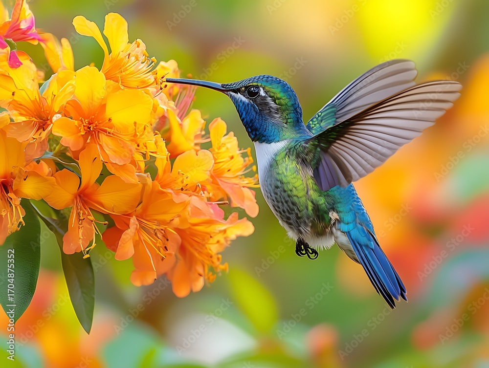 Fototapeta premium Vibrant Hummingbird with Iridescent Blue-Green Feathers Hovering: Beak Reaching Orange Flowers